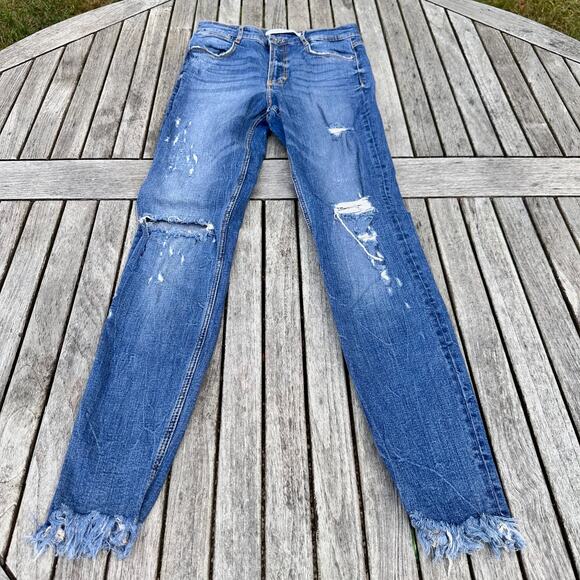 Zara Trafaluc Women’s Jeans Size 6 Blue Distressed Ripped Skinny Raw Hem Denim - Picture 1 of 11